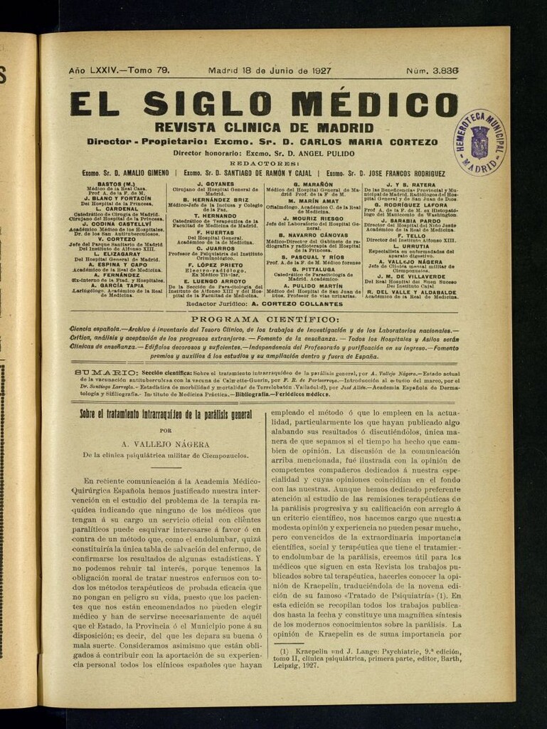 Miniatura de El Siglo Médico : boletín de medicina y gaceta médica del 18 de junio de 1927