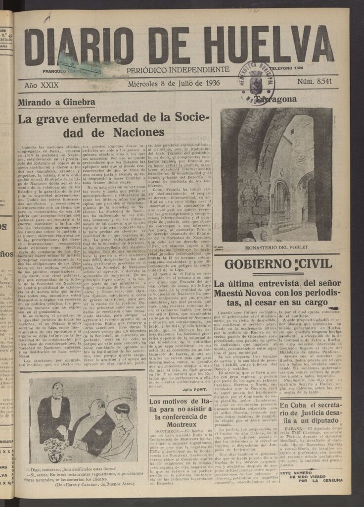 Miniatura de Diario de Huelva : periódico independiente del 8 de julio de 1936
