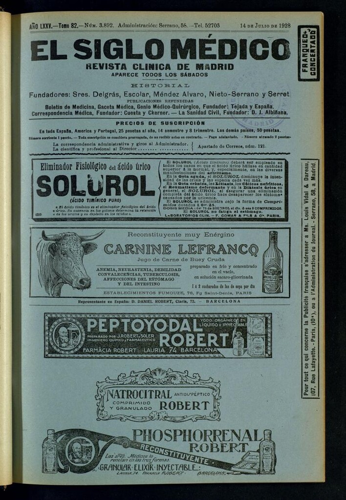 Miniatura de El Siglo Médico : boletín de medicina y gaceta médica del 14 de julio de 1928