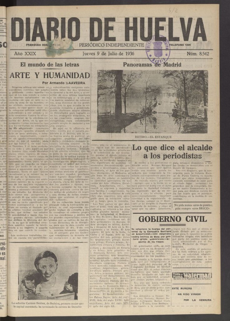 Miniatura de Diario de Huelva : periódico independiente del 9 de julio de 1936
