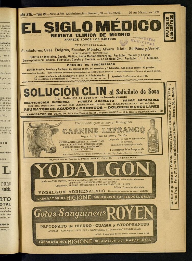 Miniatura de El Siglo Médico  : boletín de medicina y gaceta médica del 26 de marzo de 1927