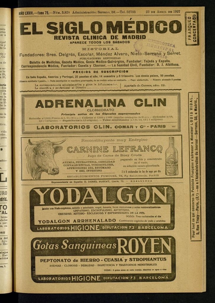 Miniatura de El Siglo Médico  : boletín de medicina y gaceta médica del 23 de abril de 1927