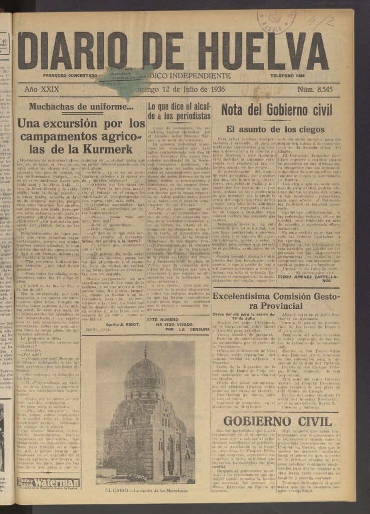 Miniatura de Diario de Huelva : periódico independiente del 12 de julio de 1936