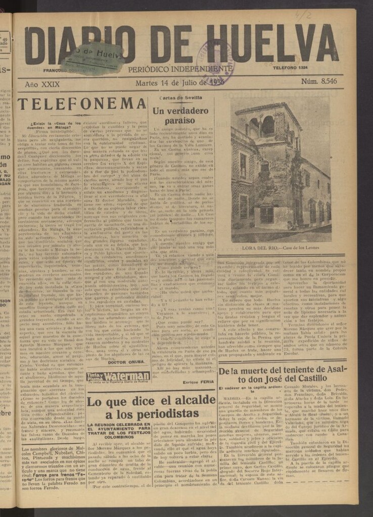 Miniatura de Diario de Huelva : periódico independiente del 14 de julio de 1936
