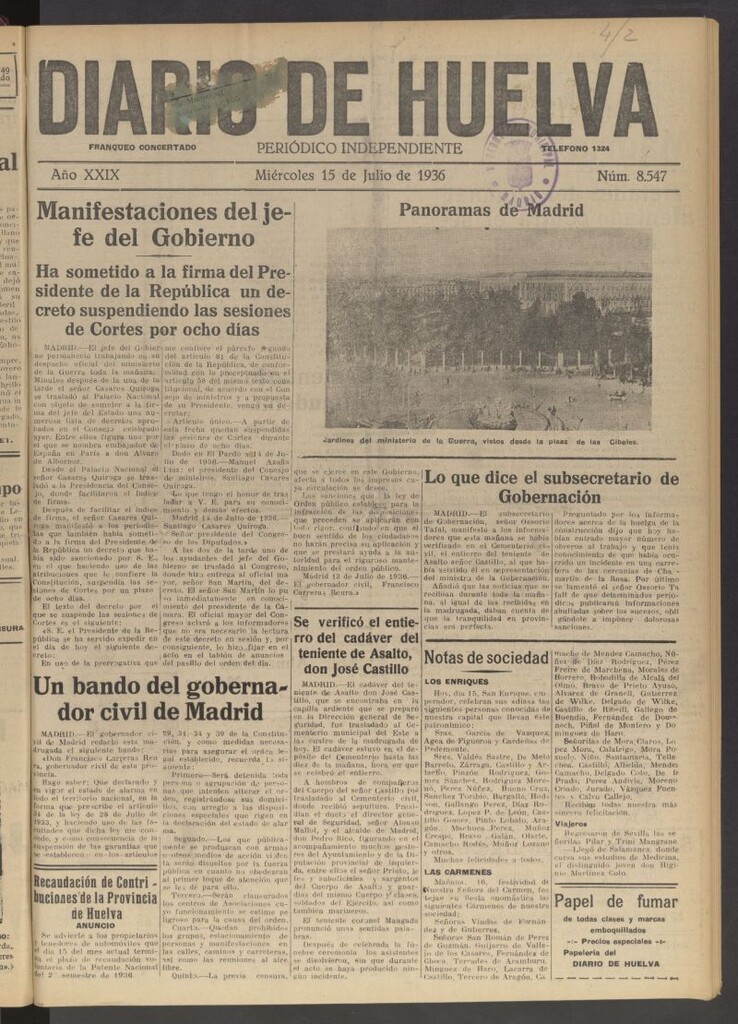 Miniatura de Diario de Huelva : periódico independiente del 15 de julio de 1936