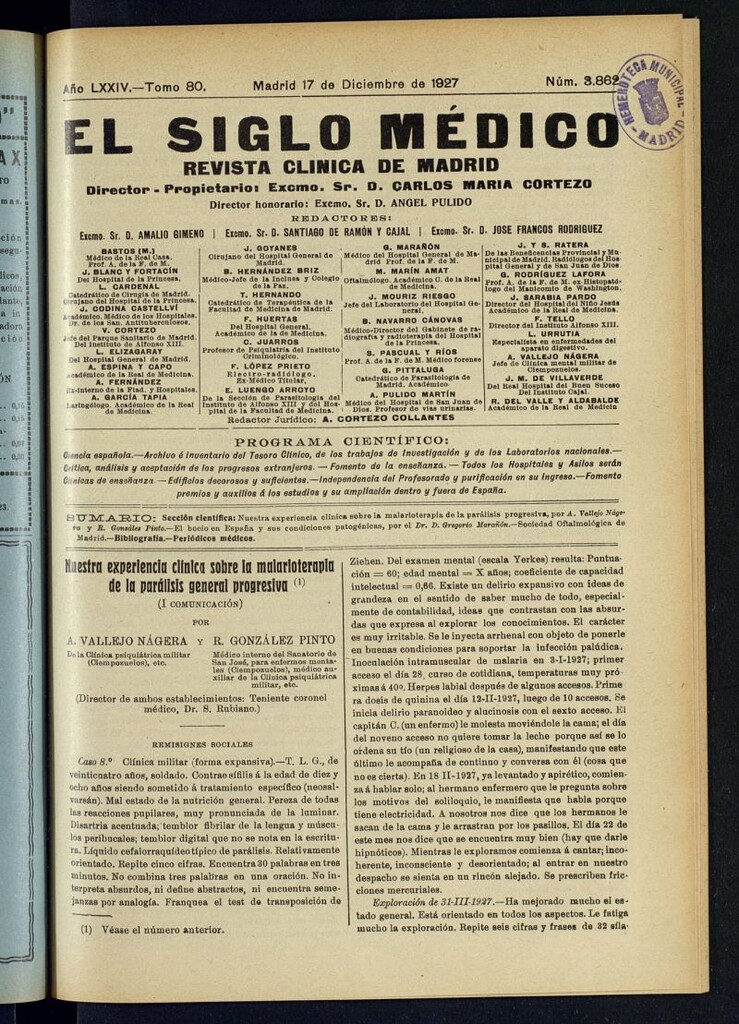 Miniatura de El Siglo Médico : boletín de medicina y gaceta médica del 17 de diciembre de 1927