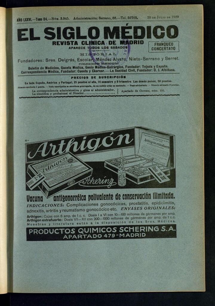 Miniatura de El Siglo Médico : boletín de medicina y gaceta médica del 20 de julio de 1929