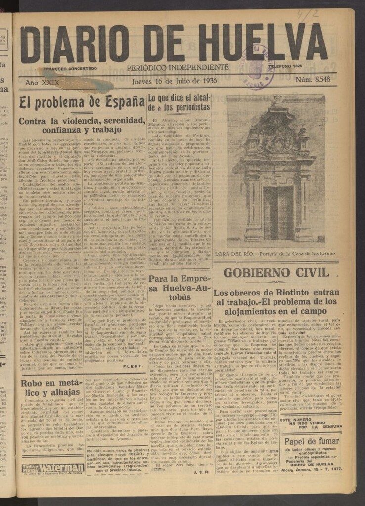 Miniatura de Diario de Huelva : periódico independiente del 16 de julio de 1936