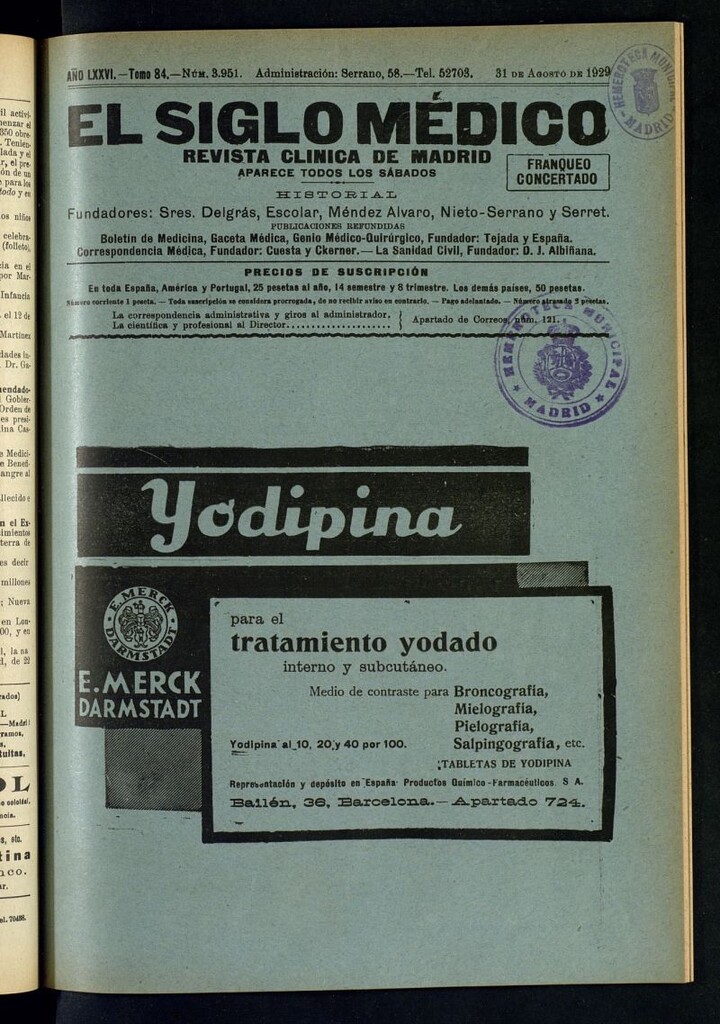 Miniatura de El Siglo Médico : boletín de medicina y gaceta médica del 31 de agosto de 1929