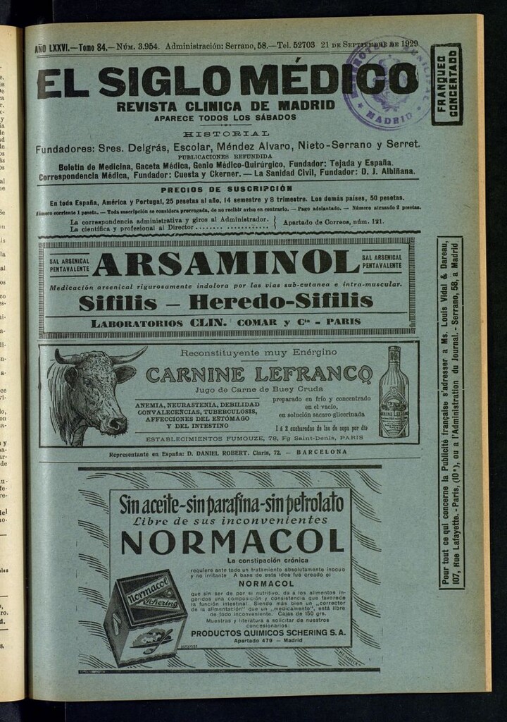 Miniatura de El Siglo Médico : boletín de medicina y gaceta médica del 21 de septiembre de 1929