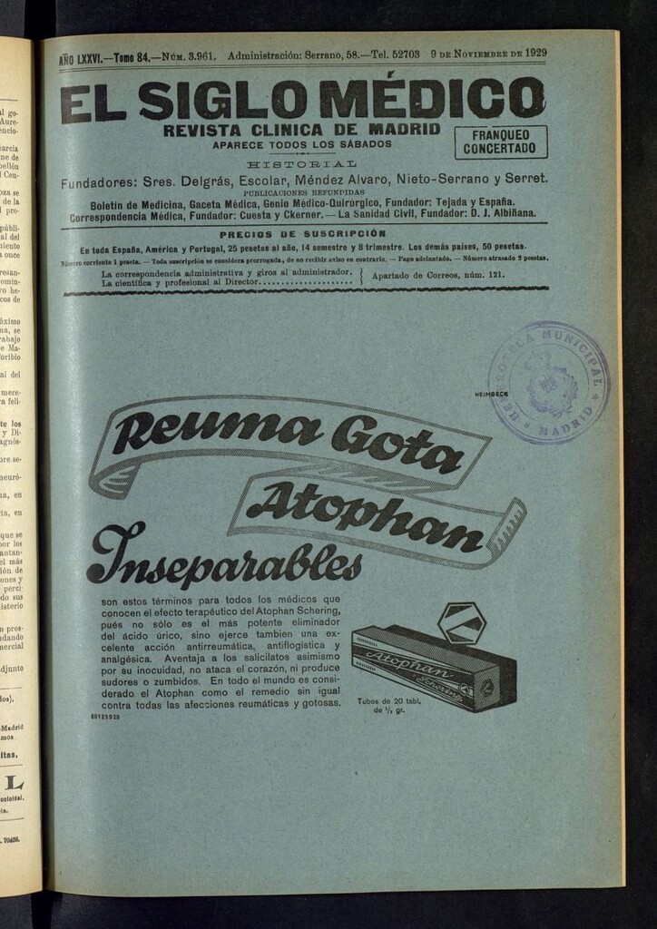 Miniatura de El Siglo Médico : boletín de medicina y gaceta médica del 9 de noviembre de 1929