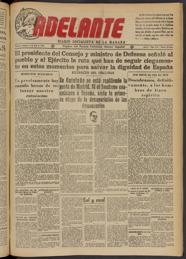 Miniatura de Adelante: diario socialista de la mañana del 17 de abril de 1938