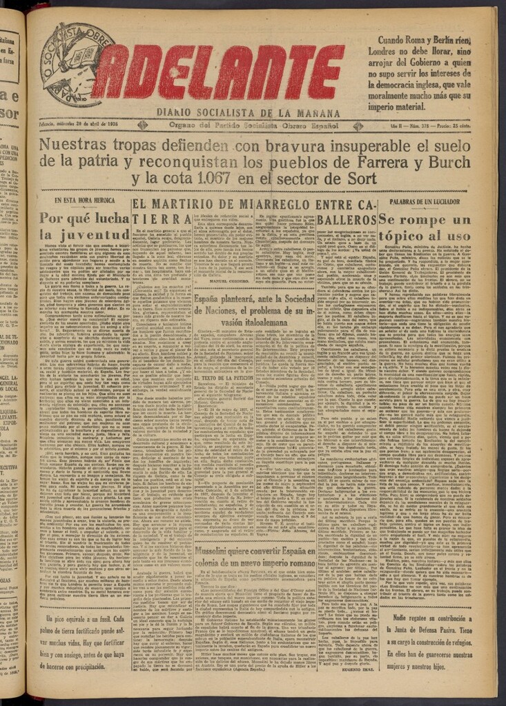 Miniatura de Adelante: diario socialista de la mañana del 20 de abril de 1938