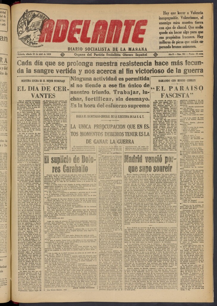 Miniatura de Adelante: diario socialista de la mañana del 23 de abril de 1938