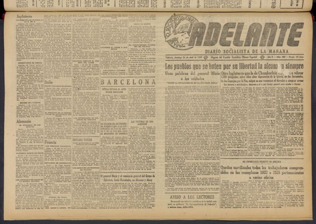 Miniatura de Adelante: diario socialista de la mañana del 24 de abril de 1938