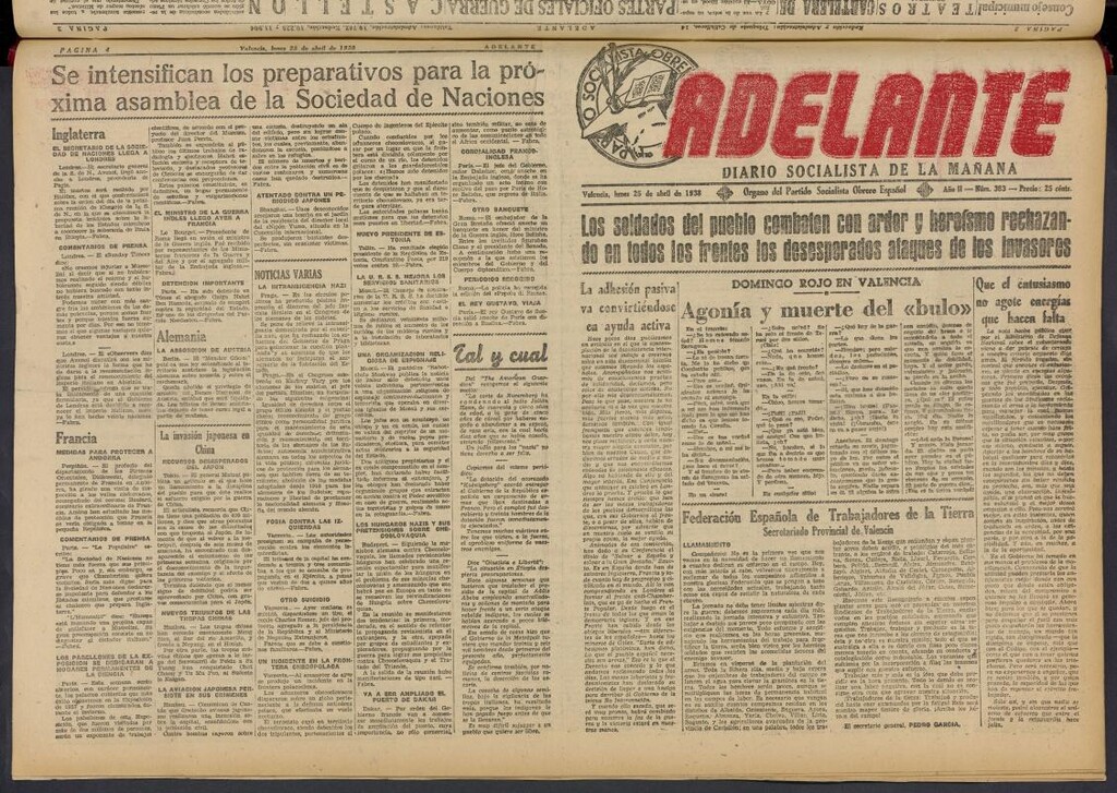 Miniatura de Adelante: diario socialista de la mañana del 25 de abril de 1938