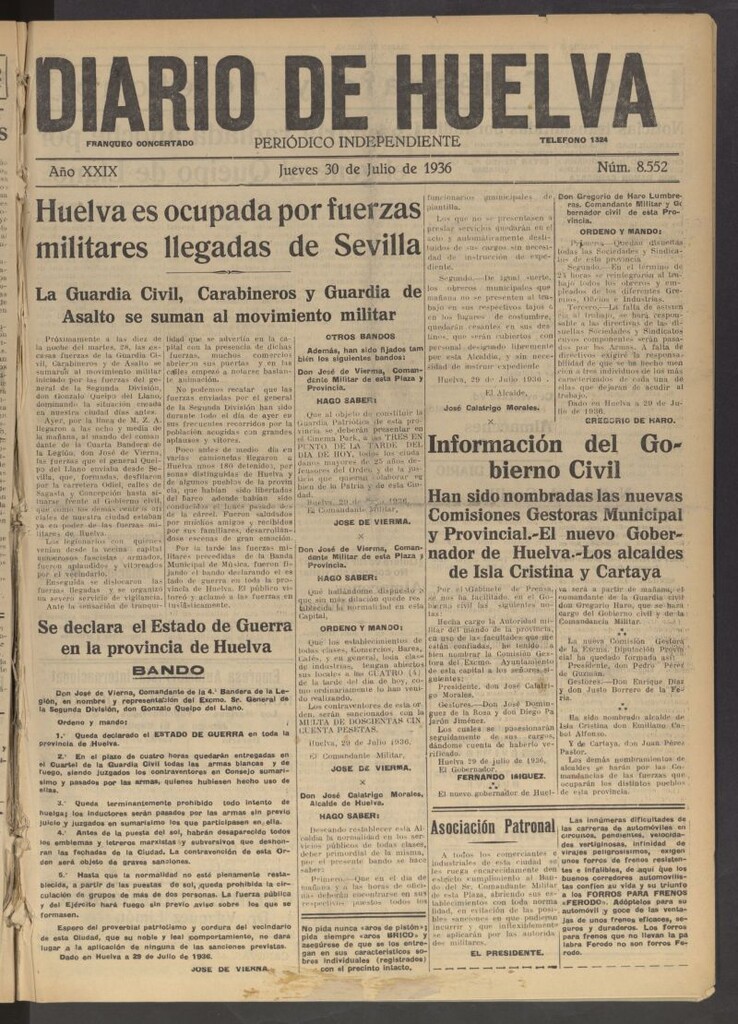 Miniatura de Diario de Huelva : periódico independiente del 30 de julio de 1936
