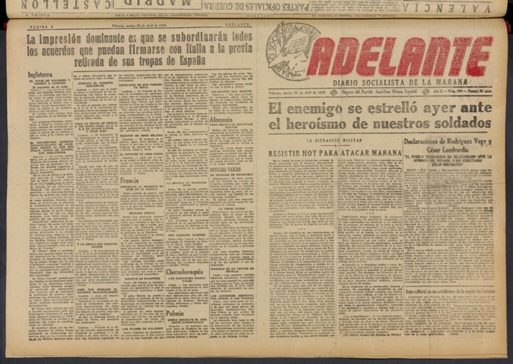 Miniatura de Adelante: diario socialista de la mañana del 26 de abril de 1938