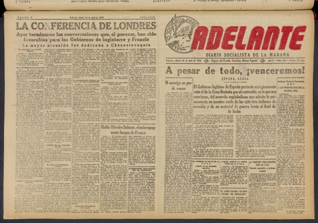 Miniatura de Adelante: diario socialista de la mañana del 30 de abril de 1938