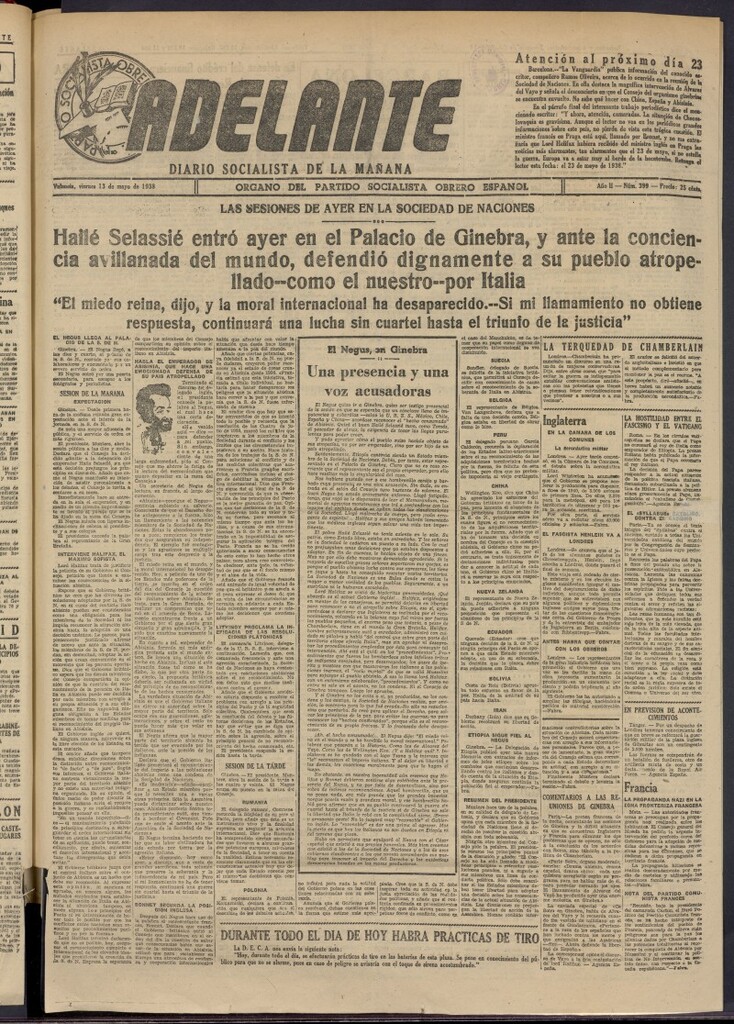 Miniatura de Adelante: diario socialista de la mañana del 13 de mayo de 1938