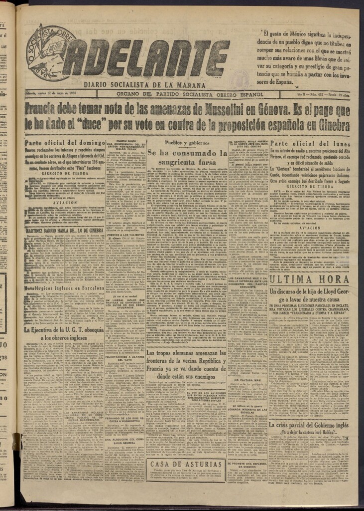 Miniatura de Adelante: diario socialista de la mañana del 17 de mayo de 1938