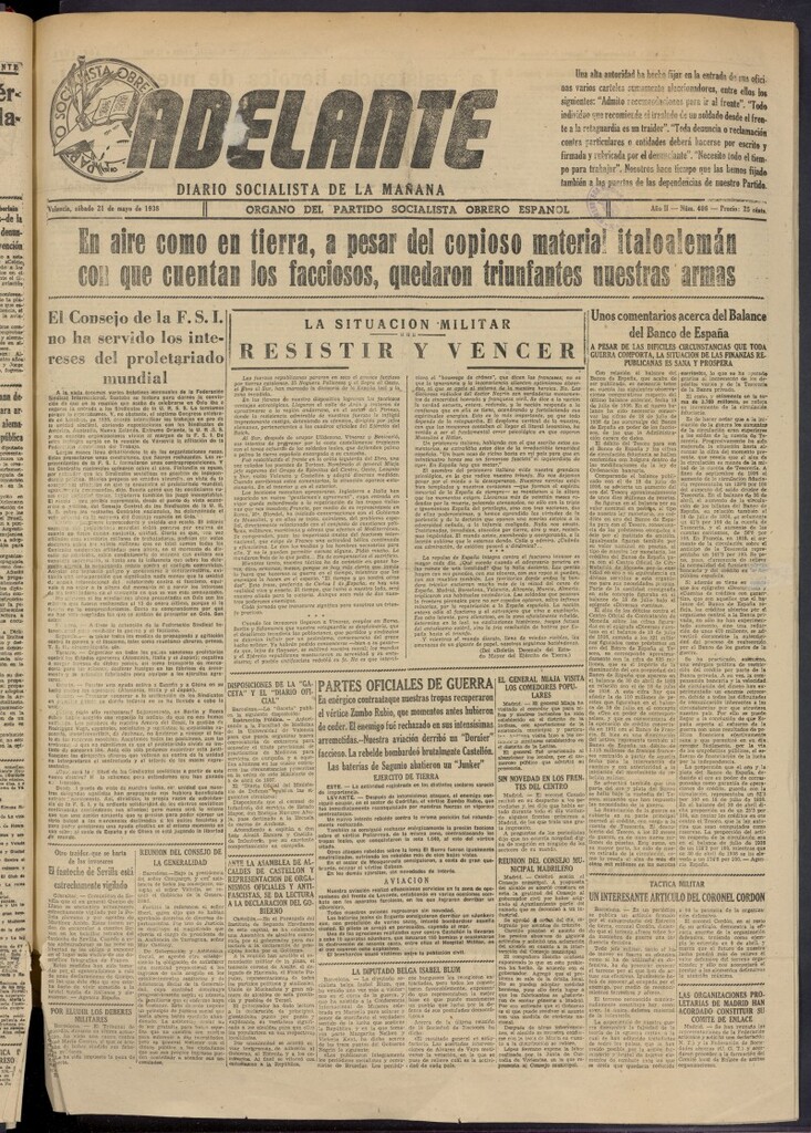 Miniatura de Adelante: diario socialista de la mañana del 21 de mayo de 1938