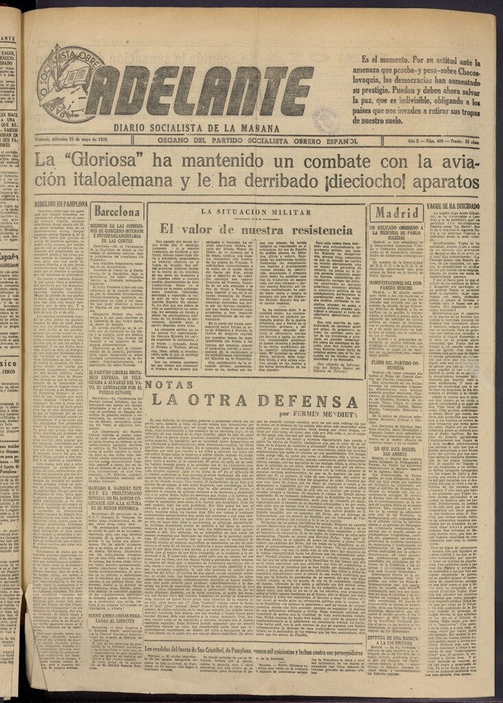 Miniatura de Adelante: diario socialista de la mañana del 25 de mayo de 1938