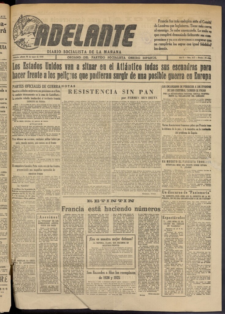 Miniatura de Adelante: diario socialista de la mañana del 28 de mayo de 1938
