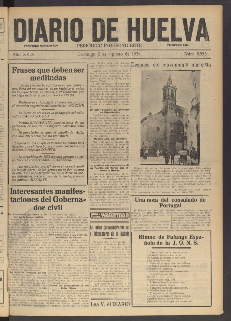 Miniatura de Diario de Huelva : periódico independiente del 2 de agosto de 1936