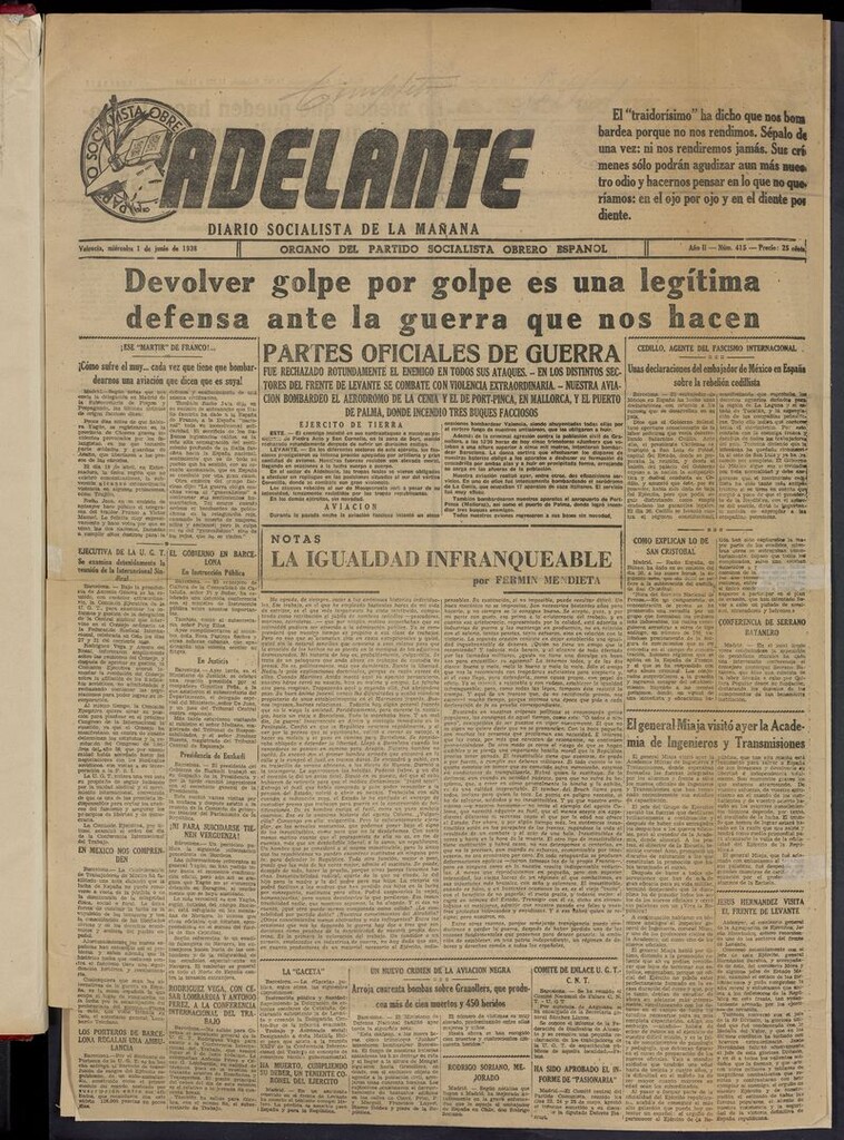 Miniatura de Adelante: diario socialista de la mañana del 1 de junio de 1938