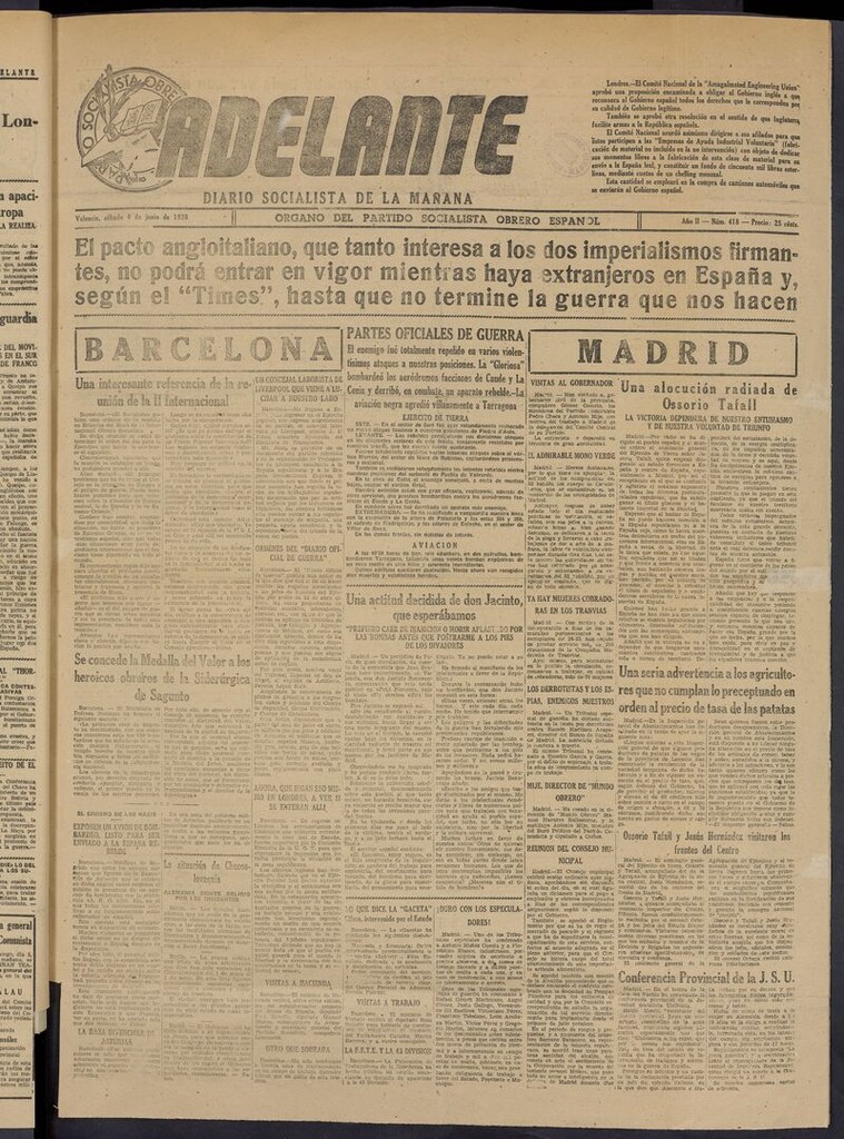 Miniatura de Adelante: diario socialista de la mañana del 4 de junio de 1938