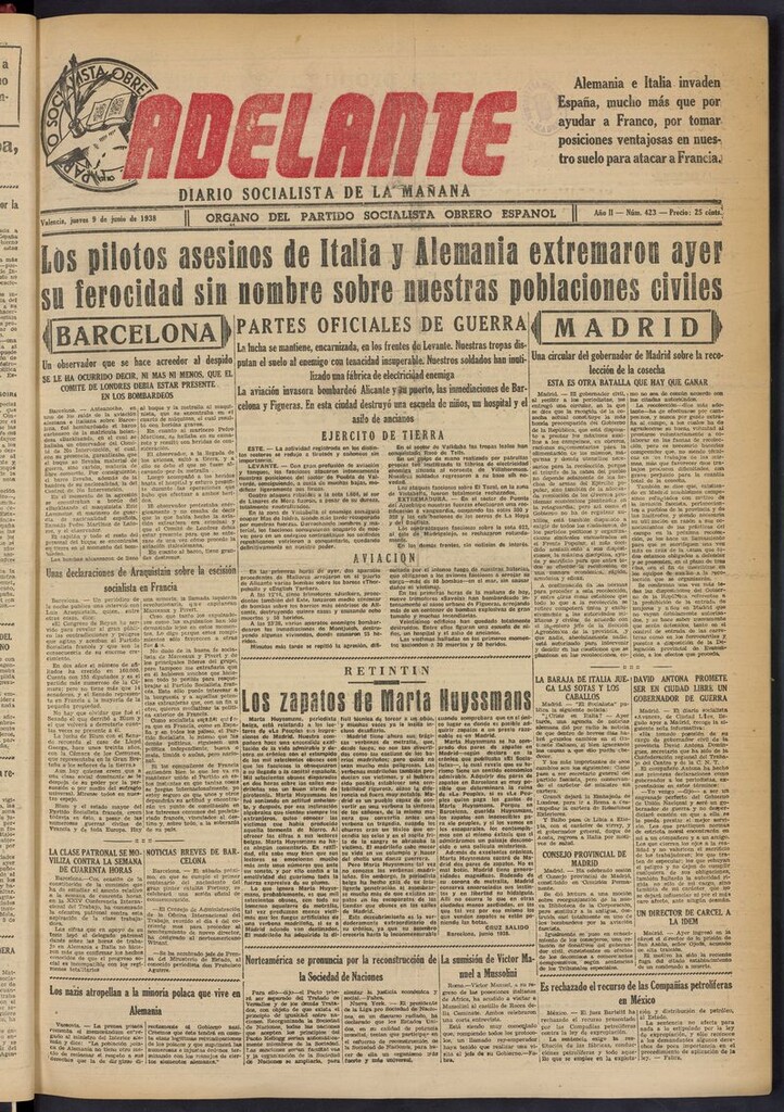 Miniatura de Adelante: diario socialista de la mañana del 9 de junio de 1938
