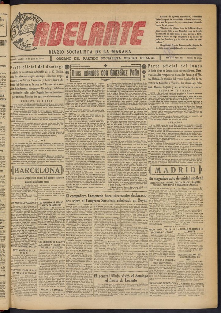 Miniatura de Adelante: diario socialista de la mañana del 14 de junio de 1938