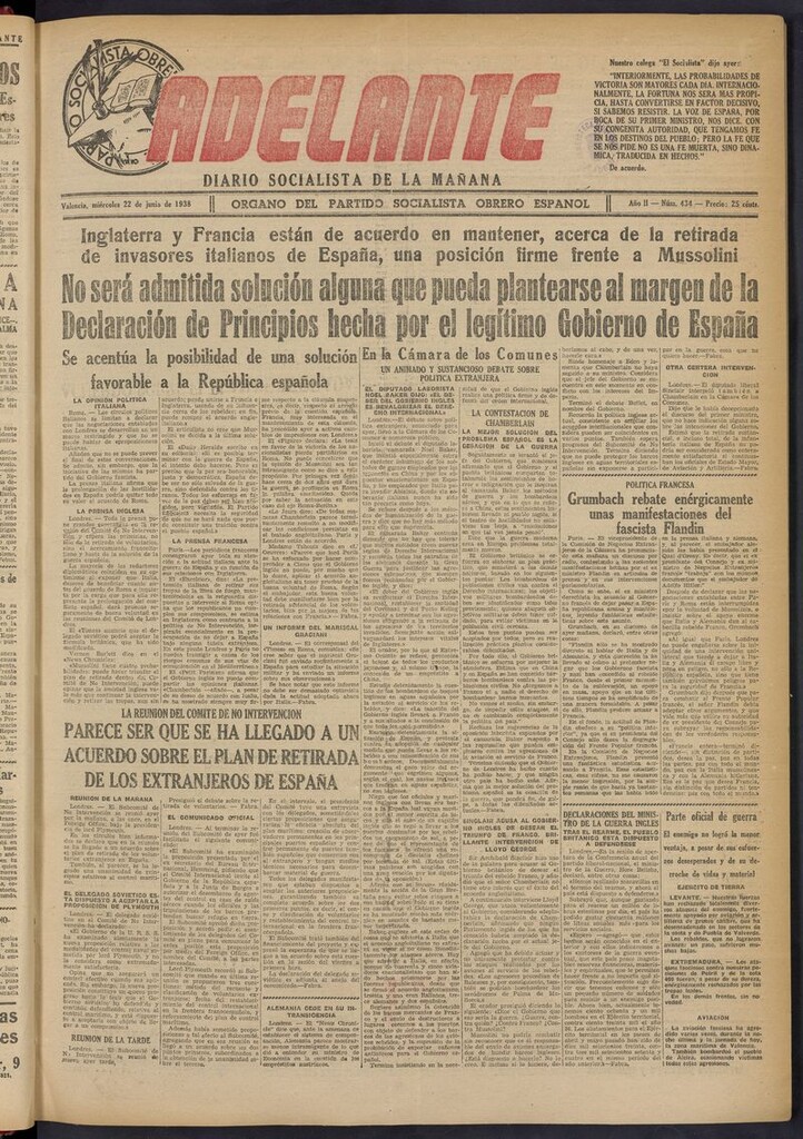 Miniatura de Adelante: diario socialista de la mañana del 22 de junio de 1938