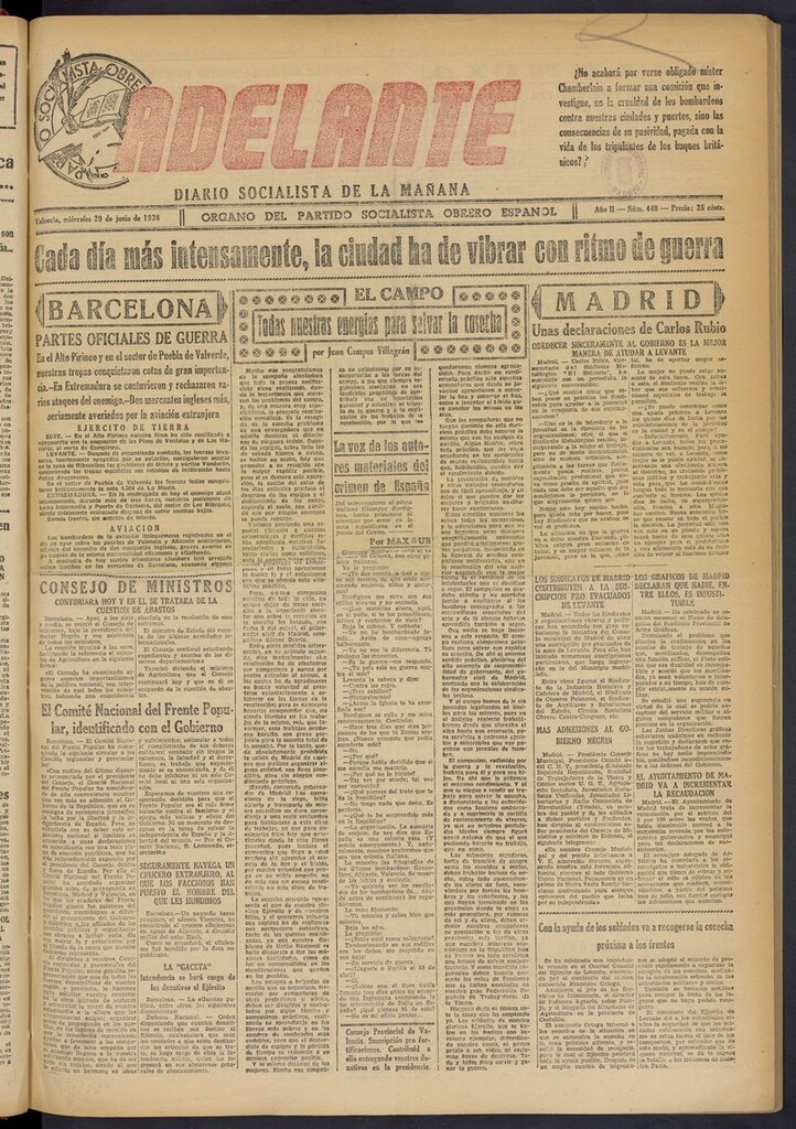 Miniatura de Adelante: diario socialista de la mañana del 29 de junio de 1938
