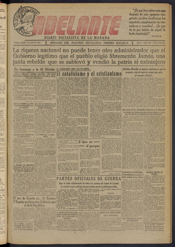 Miniatura de Adelante: diario socialista de la mañana del 2 de julio de 1938