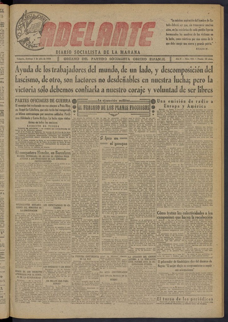 Miniatura de Adelante: diario socialista de la mañana del 3 de julio de 1938