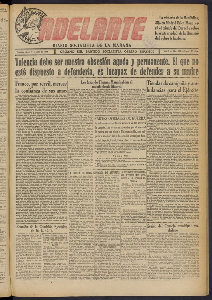 Miniatura de Adelante: diario socialista de la mañana del 9 de julio de 1938