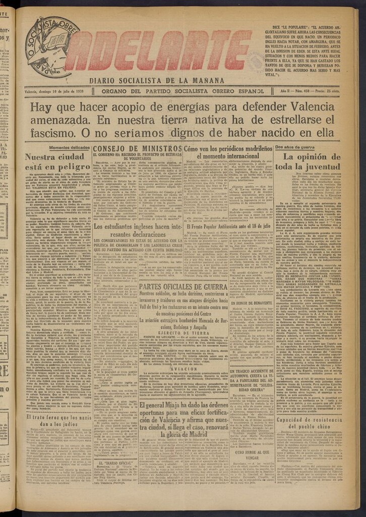 Miniatura de Adelante: diario socialista de la mañana del 10 de julio de 1938
