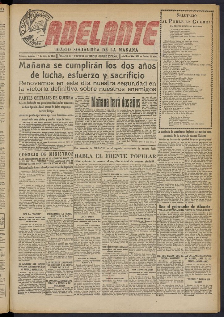 Miniatura de Adelante: diario socialista de la mañana del 17 de julio de 1938