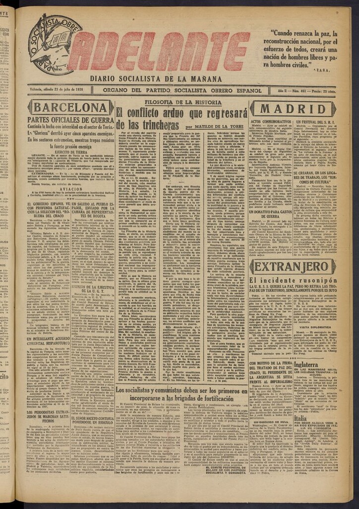 Miniatura de Adelante: diario socialista de la mañana del 23 de julio de 1938