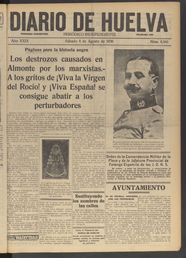 Miniatura de Diario de Huelva : periódico independiente del 8 de agosto de 1936