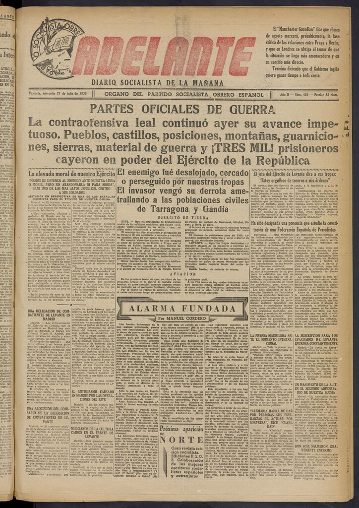 Miniatura de Adelante: diario socialista de la mañana del 27 de julio de 1938