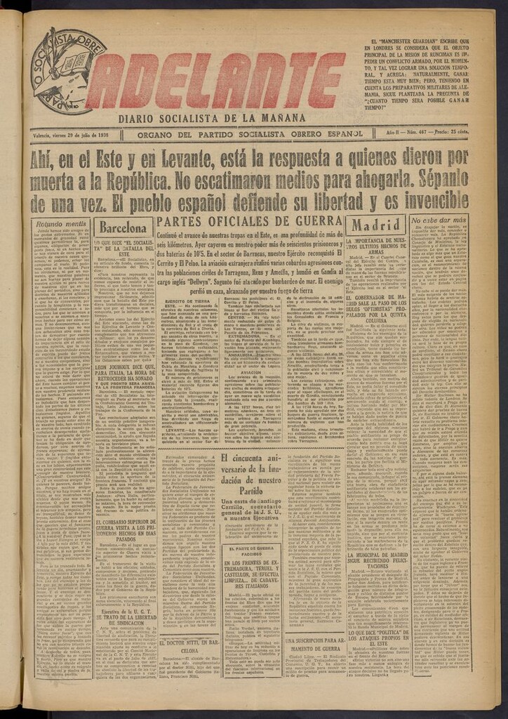 Miniatura de Adelante: diario socialista de la mañana del 29 de julio de 1938