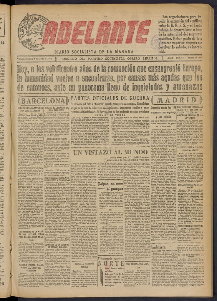 Miniatura de Adelante: diario socialista de la mañana del 3 de agosto de 1938
