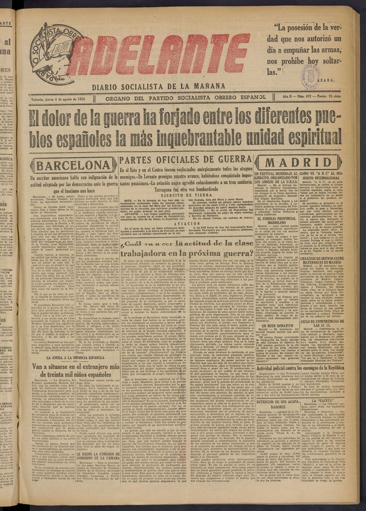 Miniatura de Adelante: diario socialista de la mañana del 4 de agosto de 1938