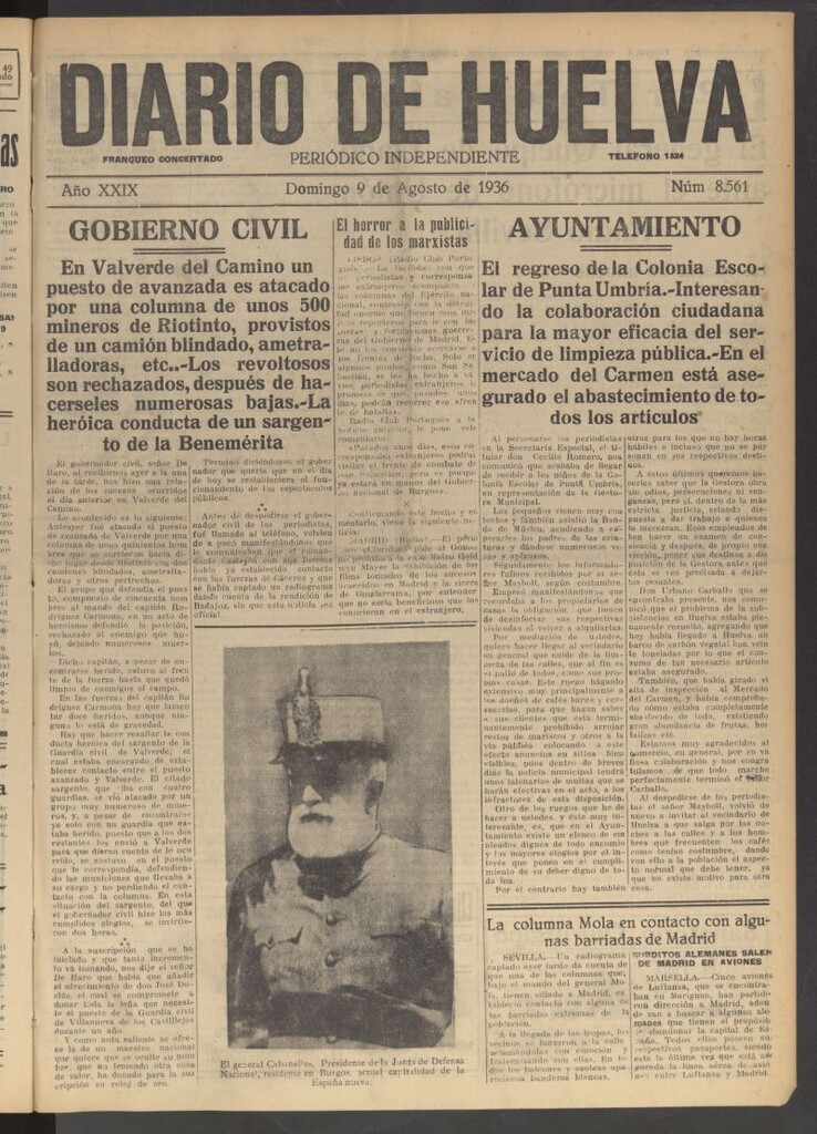 Miniatura de Diario de Huelva : periódico independiente del 9 de agosto de 1936