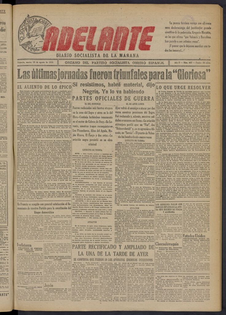 Miniatura de Adelante: diario socialista de la mañana del 16 de agosto de 1938
