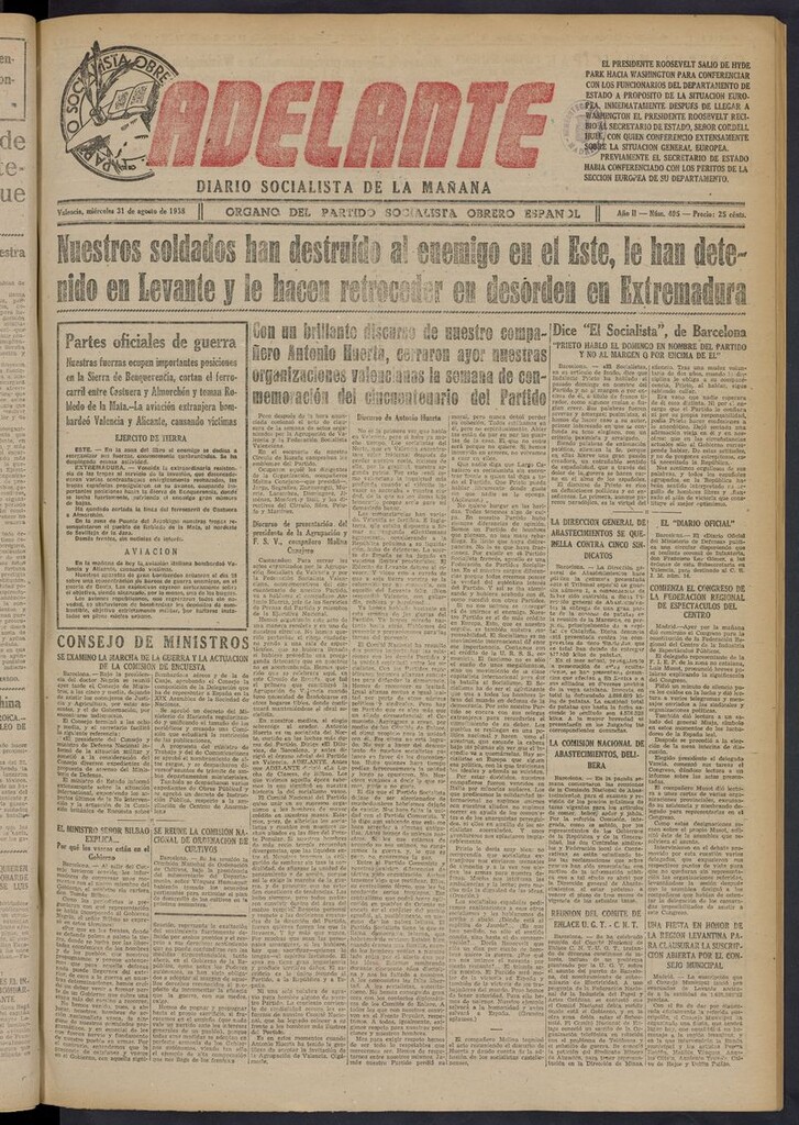 Miniatura de Adelante: diario socialista de la mañana del 31 de agosto de 1938
