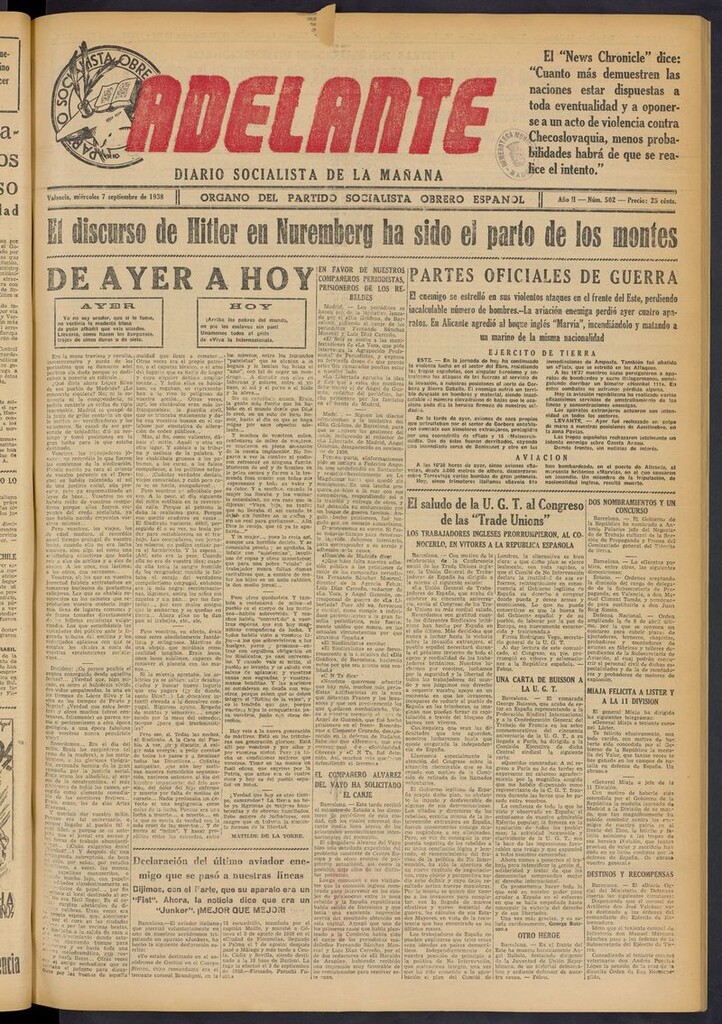 Miniatura de Adelante: diario socialista de la mañana del 7 de septiembre de 1938